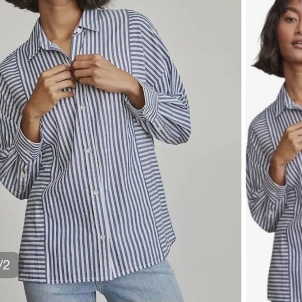 Elizabeth And James Striped Pinstripe Blue White Button Down Menswear Plus Shirt